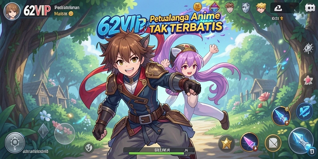 Tampilan gameplay 62VIP dengan karakter anime yang beraksi.
