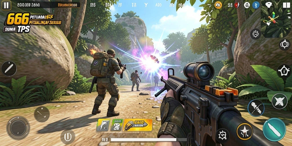 Screenshot gameplay 666FF menampilkan aksi tembak-menembak yang mendebarkan.