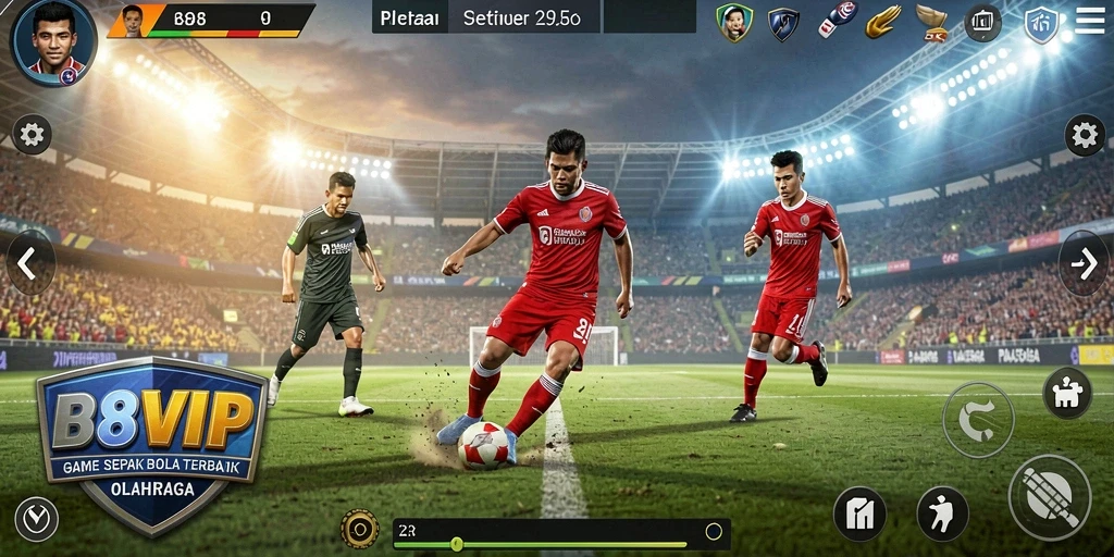 Screenshot utama B8VIP menampilkan aksi menegangkan di lapangan sepak bola.