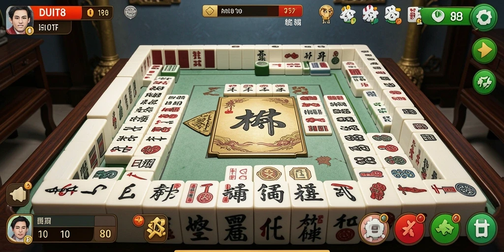 Tampilan gameplay DUIT8 dengan ubin Mahjong yang berwarna-warni.