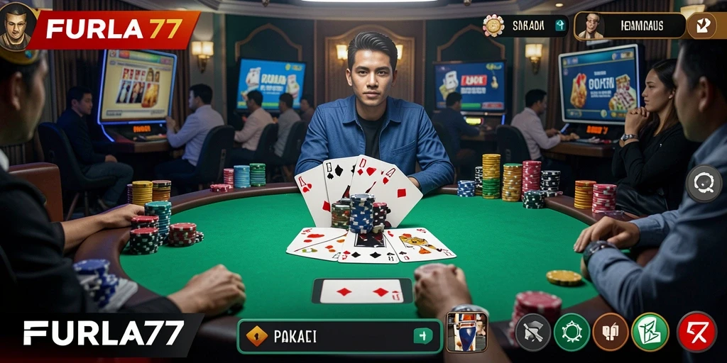 Tampilan gameplay seru di FURLA77 dengan suasana poker yang mendebarkan.