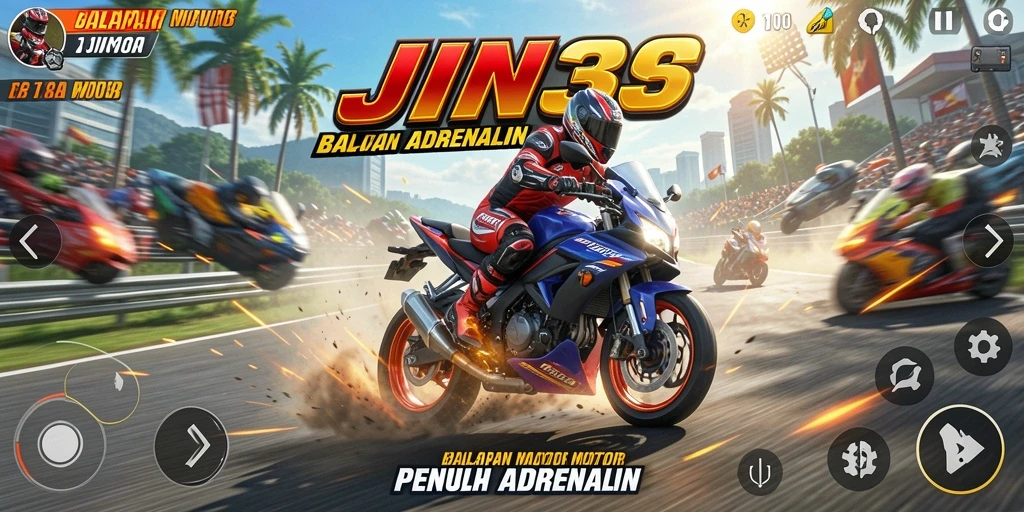 Screenshot dari gameplay JIN33 dengan aksi balapan motor yang intens.